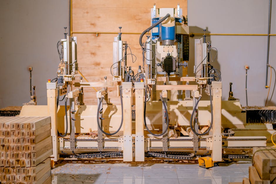 View of a complex woodworking machine in a factory setting, showcasing precision engineering and technology.