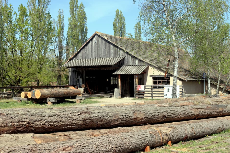 Exterior view of a traditional sawmill surrounded by logs and trees in Ungersheim, France.