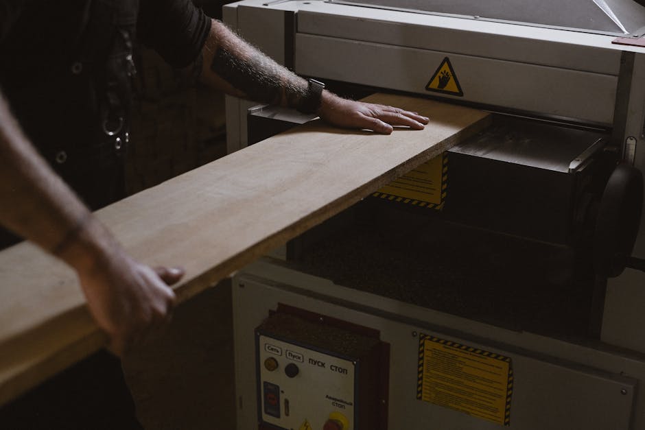 Unrecognizable male master with wooden detail using planing machine to make consistent thickness of wood while working in professional joinery